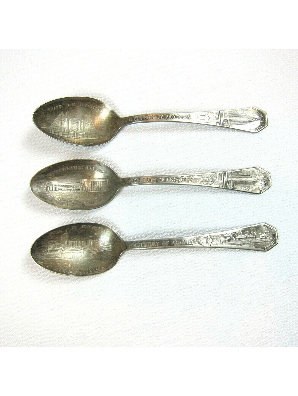 Lot 3 Vintage 1934 Chicago Worlds Fair Silverplate Spoons Science, Travel, Admin